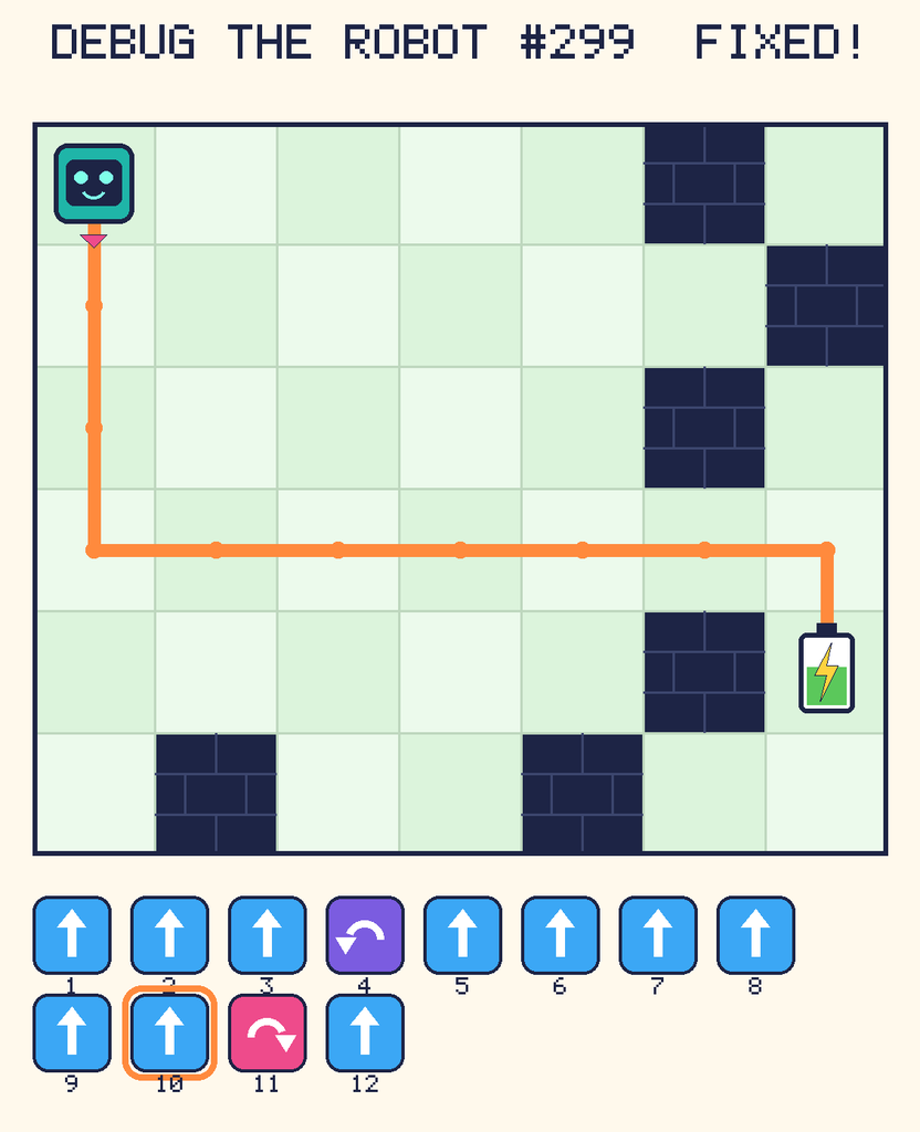 The fixed program, with Beep's route to the battery drawn as an orange line.