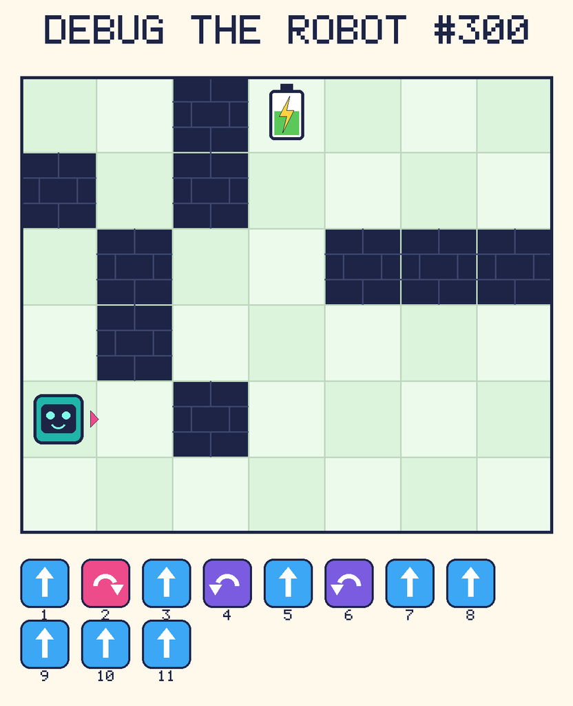 Debug the Robot 300. Beep starts at column 1, row 5, facing right. The battery is at column 4, row 1. Grid squares are counted from the top-left corner. Dark brick squares are walls.