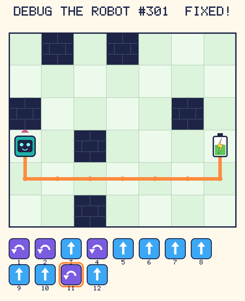 The fixed program, with Beep's route to the battery drawn as an orange line.