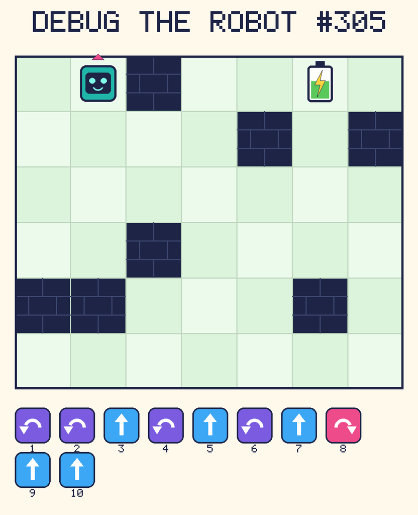 Debug the Robot 305. Beep starts at column 2, row 1, facing up. The battery is at column 6, row 1. Grid squares are counted from the top-left corner. Dark brick squares are walls.