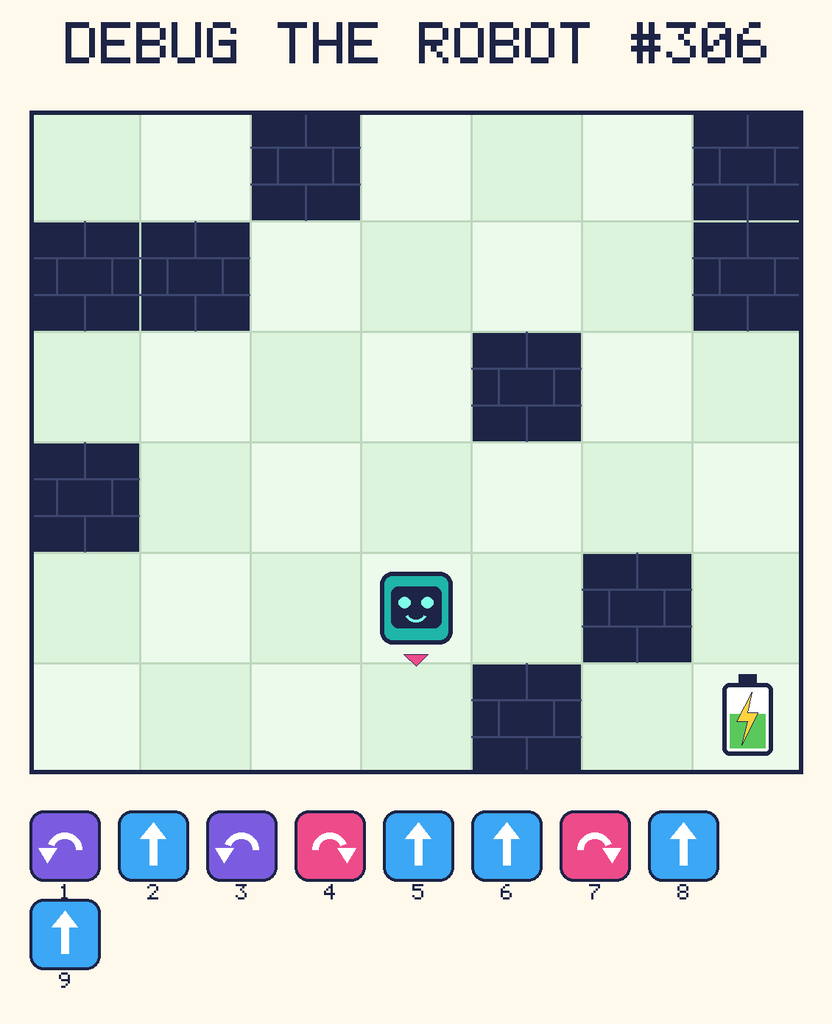 Debug the Robot 306. Beep starts at column 4, row 5, facing down. The battery is at column 7, row 6. Grid squares are counted from the top-left corner. Dark brick squares are walls.