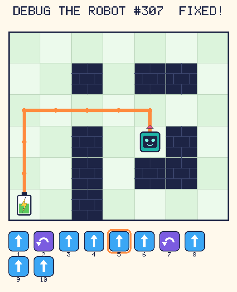 The fixed program, with Beep's route to the battery drawn as an orange line.