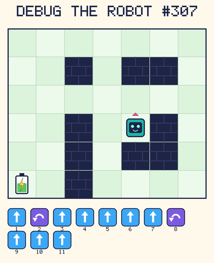 Debug the Robot 307. Beep starts at column 5, row 4, facing up. The battery is at column 1, row 6. Grid squares are counted from the top-left corner. Dark brick squares are walls.