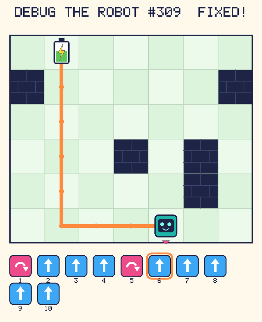 The fixed program, with Beep's route to the battery drawn as an orange line.
