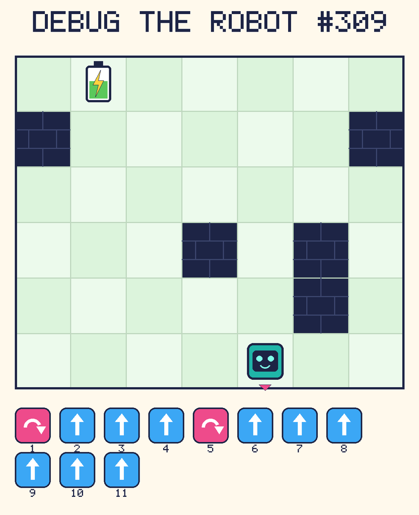 Debug the Robot 309. Beep starts at column 5, row 6, facing down. The battery is at column 2, row 1. Grid squares are counted from the top-left corner. Dark brick squares are walls.