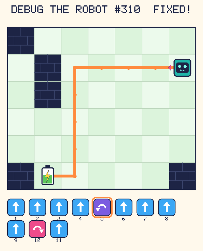 The fixed program, with Beep's route to the battery drawn as an orange line.