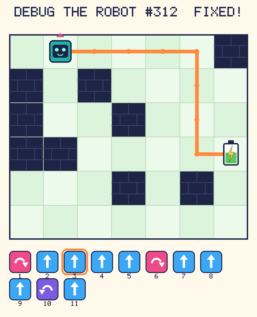 The fixed program, with Beep's route to the battery drawn as an orange line.