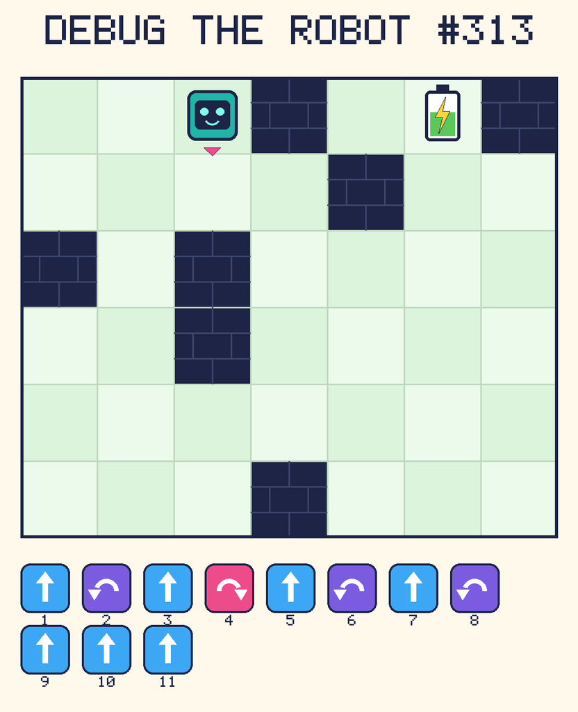 Debug the Robot 313. Beep starts at column 3, row 1, facing down. The battery is at column 6, row 1. Grid squares are counted from the top-left corner. Dark brick squares are walls.
