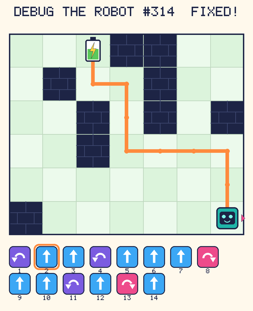 The fixed program, with Beep's route to the battery drawn as an orange line.