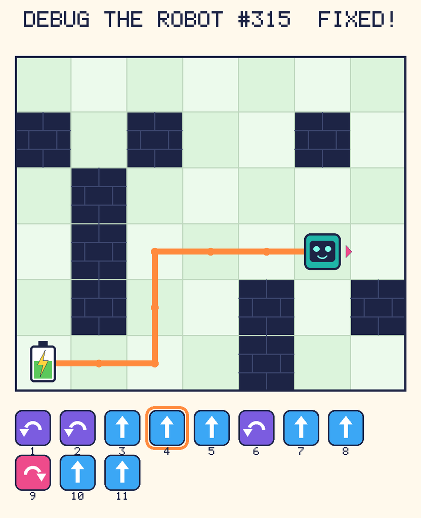 The fixed program, with Beep's route to the battery drawn as an orange line.