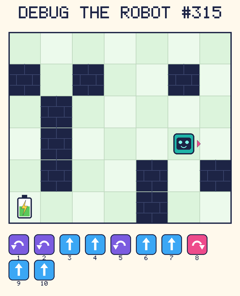 Debug the Robot 315. Beep starts at column 6, row 4, facing right. The battery is at column 1, row 6. Grid squares are counted from the top-left corner. Dark brick squares are walls.
