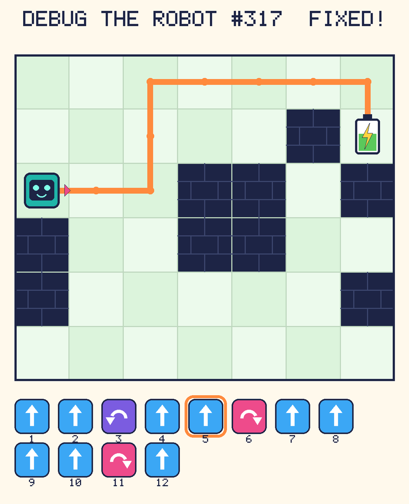 The fixed program, with Beep's route to the battery drawn as an orange line.