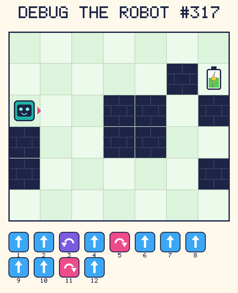 Debug the Robot 317. Beep starts at column 1, row 3, facing right. The battery is at column 7, row 2. Grid squares are counted from the top-left corner. Dark brick squares are walls.