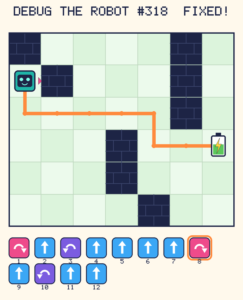 The fixed program, with Beep's route to the battery drawn as an orange line.