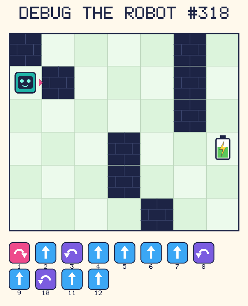 Debug the Robot 318. Beep starts at column 1, row 2, facing right. The battery is at column 7, row 4. Grid squares are counted from the top-left corner. Dark brick squares are walls.