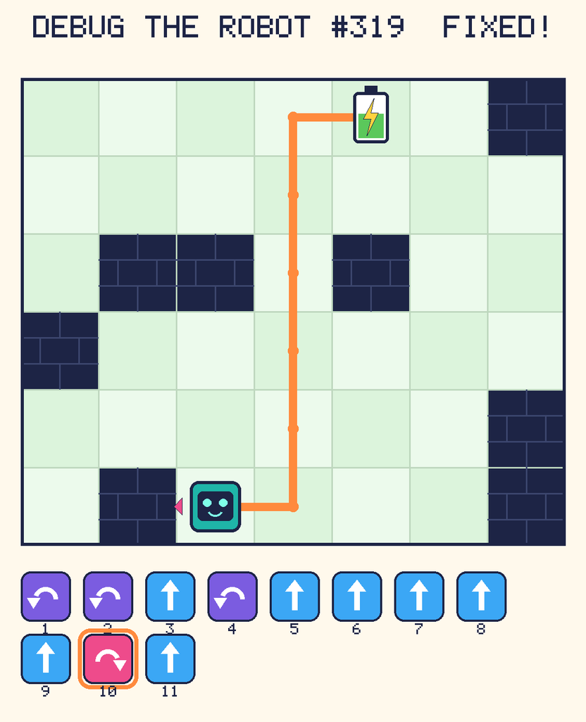 The fixed program, with Beep's route to the battery drawn as an orange line.