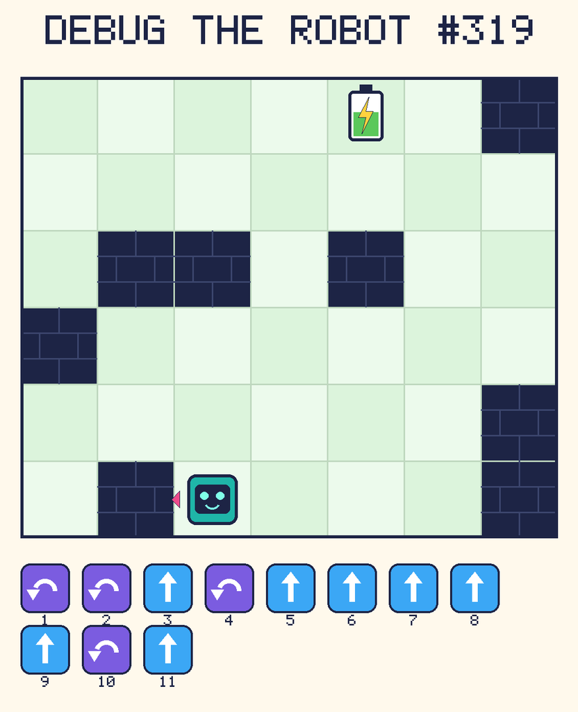 Debug the Robot 319. Beep starts at column 3, row 6, facing left. The battery is at column 5, row 1. Grid squares are counted from the top-left corner. Dark brick squares are walls.