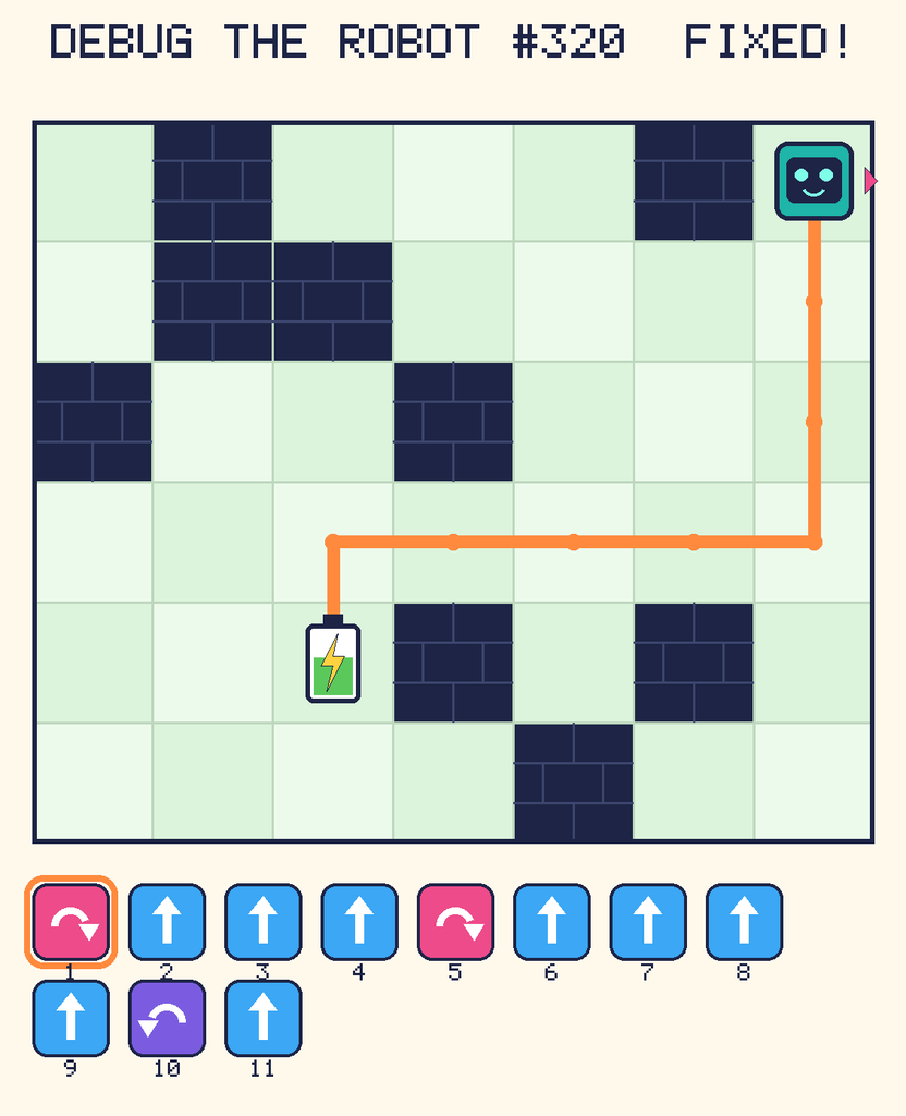 The fixed program, with Beep's route to the battery drawn as an orange line.