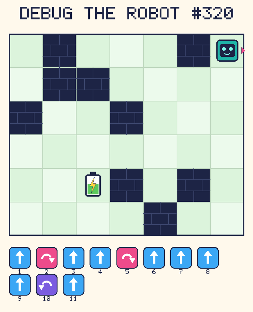 Debug the Robot 320. Beep starts at column 7, row 1, facing right. The battery is at column 3, row 5. Grid squares are counted from the top-left corner. Dark brick squares are walls.