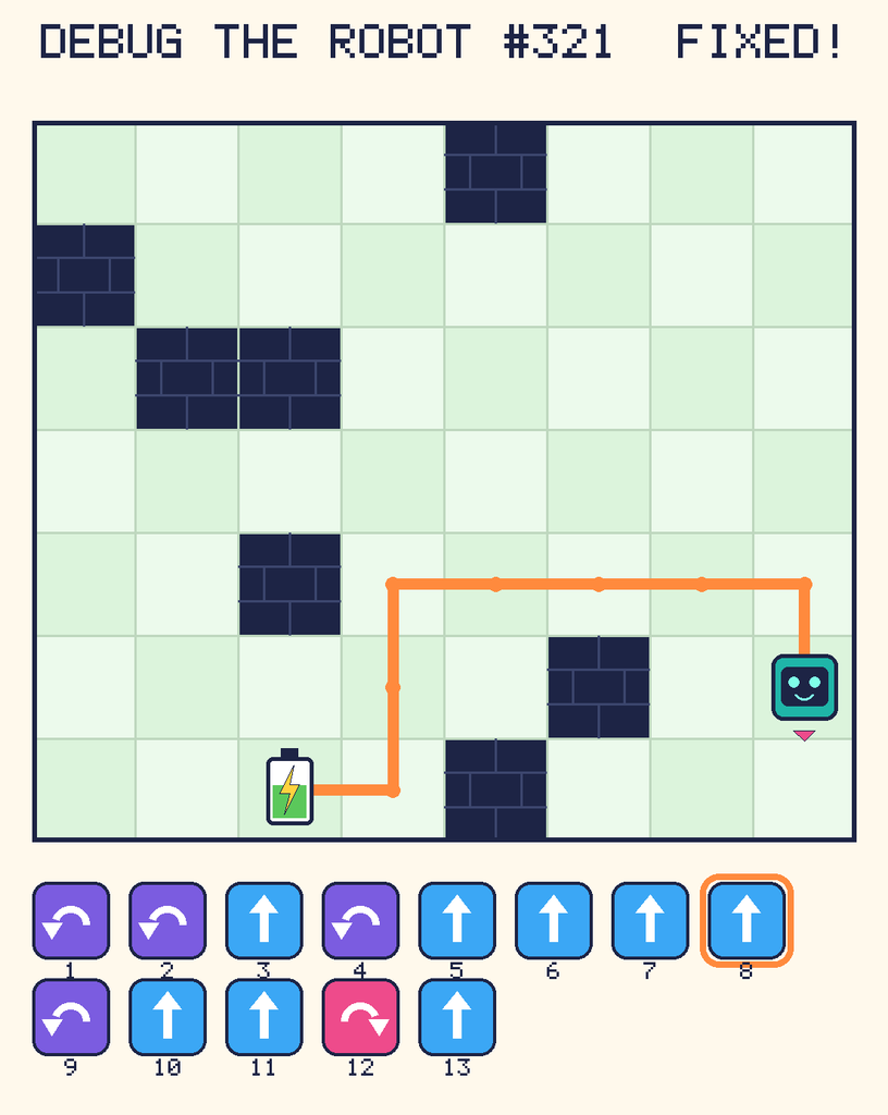 The fixed program, with Beep's route to the battery drawn as an orange line.