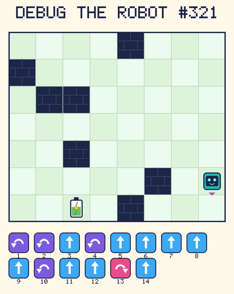 Debug the Robot 321. Beep starts at column 8, row 6, facing down. The battery is at column 3, row 7. Grid squares are counted from the top-left corner. Dark brick squares are walls.