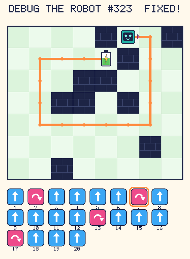 The fixed program, with Beep's route to the battery drawn as an orange line.