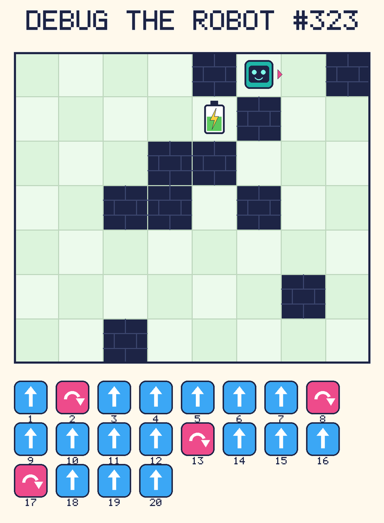 Debug the Robot 323. Beep starts at column 6, row 1, facing right. The battery is at column 5, row 2. Grid squares are counted from the top-left corner. Dark brick squares are walls.