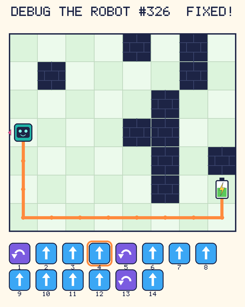 The fixed program, with Beep's route to the battery drawn as an orange line.