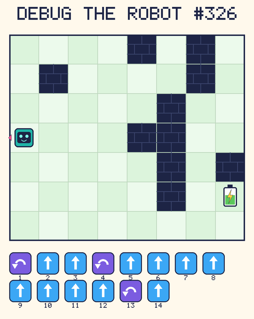 Debug the Robot 326. Beep starts at column 1, row 4, facing left. The battery is at column 8, row 6. Grid squares are counted from the top-left corner. Dark brick squares are walls.