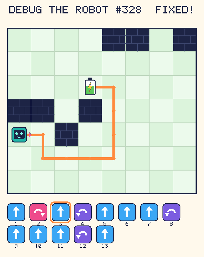 The fixed program, with Beep's route to the battery drawn as an orange line.