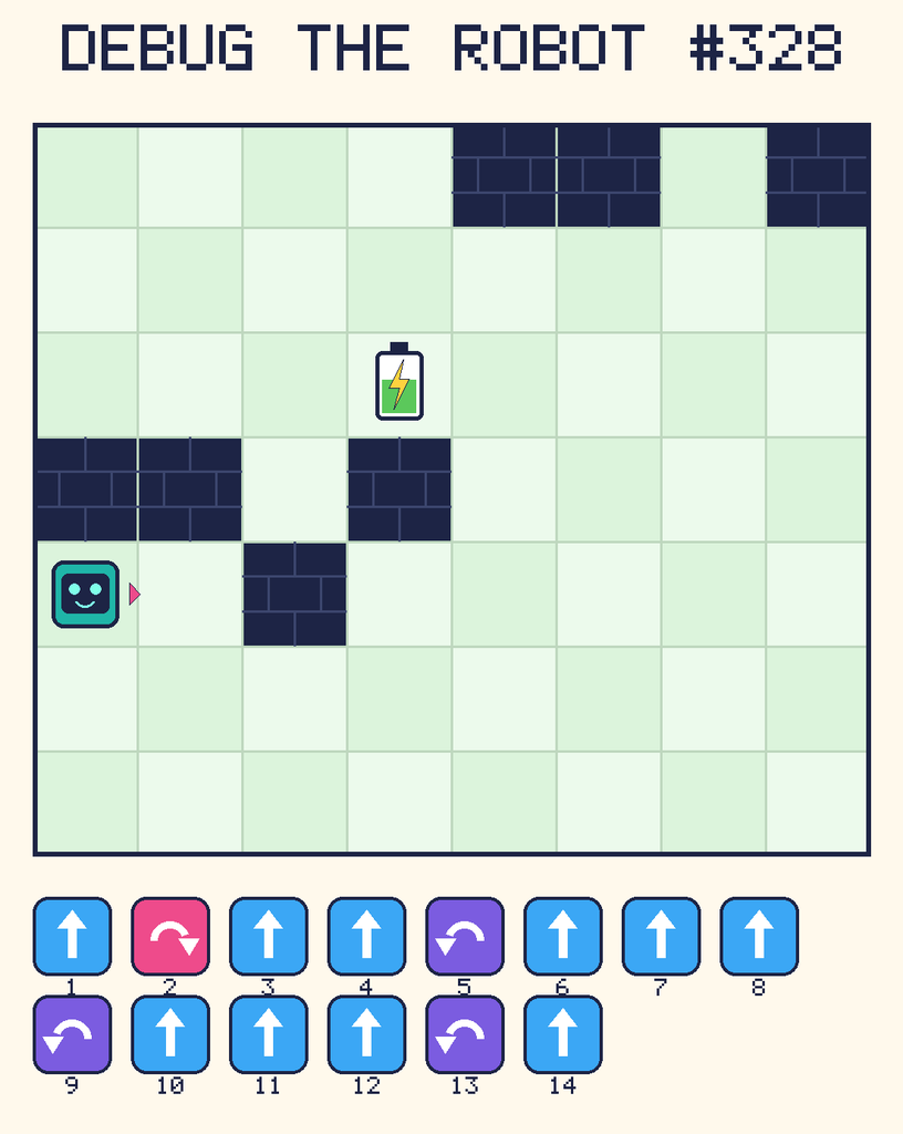 Debug the Robot 328. Beep starts at column 1, row 5, facing right. The battery is at column 4, row 3. Grid squares are counted from the top-left corner. Dark brick squares are walls.