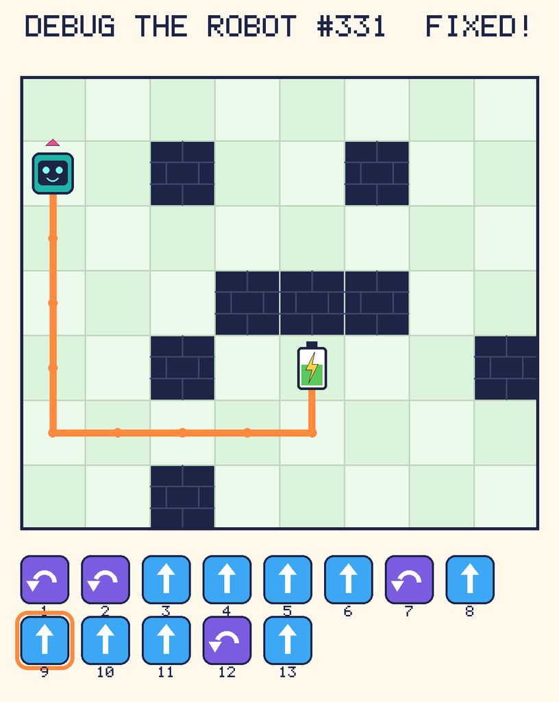 The fixed program, with Beep's route to the battery drawn as an orange line.