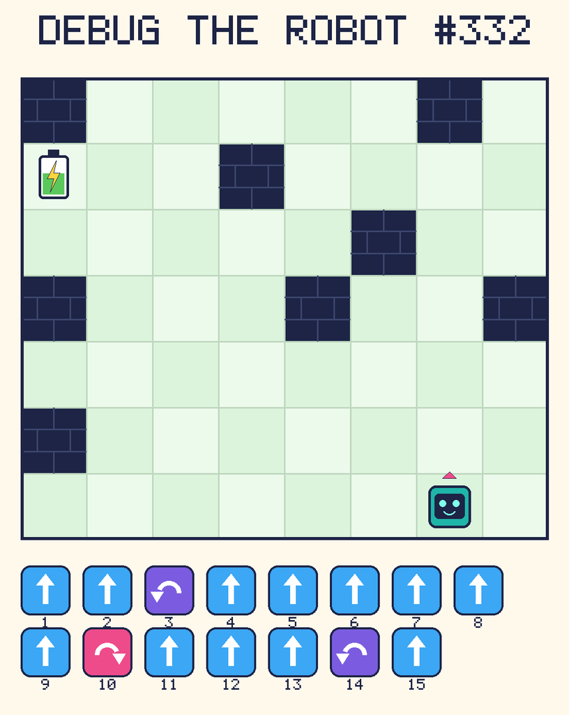 Debug the Robot 332. Beep starts at column 7, row 7, facing up. The battery is at column 1, row 2. Grid squares are counted from the top-left corner. Dark brick squares are walls.