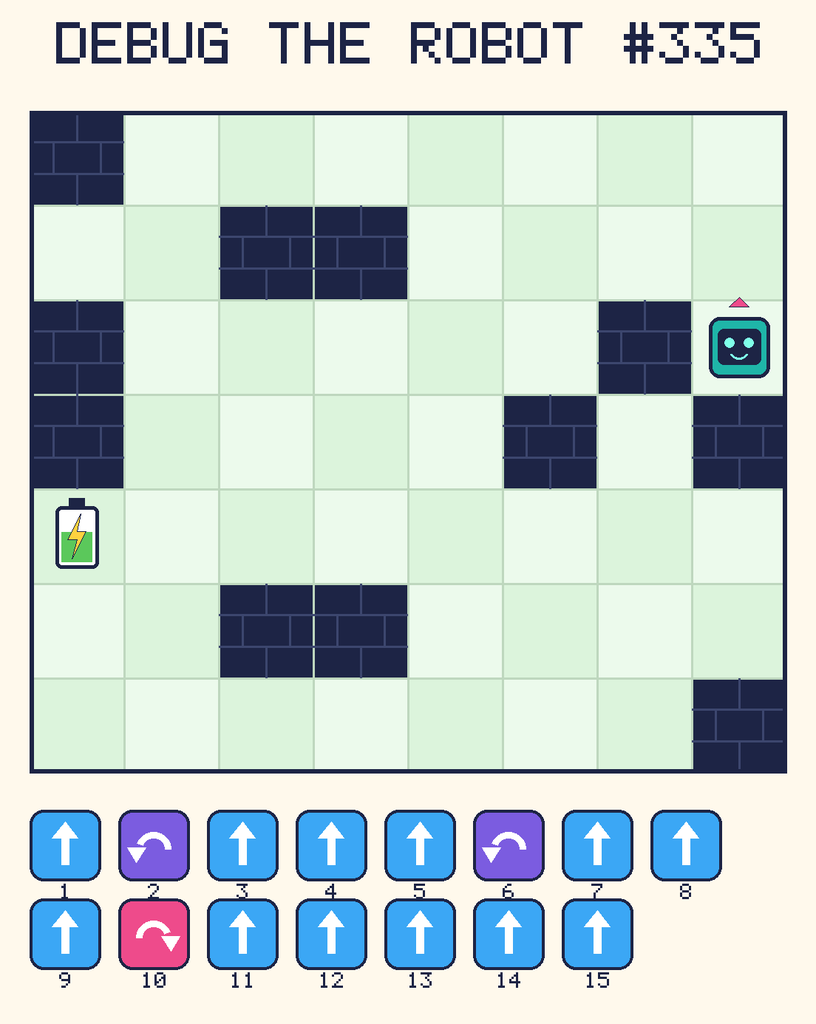 Debug the Robot 335. Beep starts at column 8, row 3, facing up. The battery is at column 1, row 5. Grid squares are counted from the top-left corner. Dark brick squares are walls.