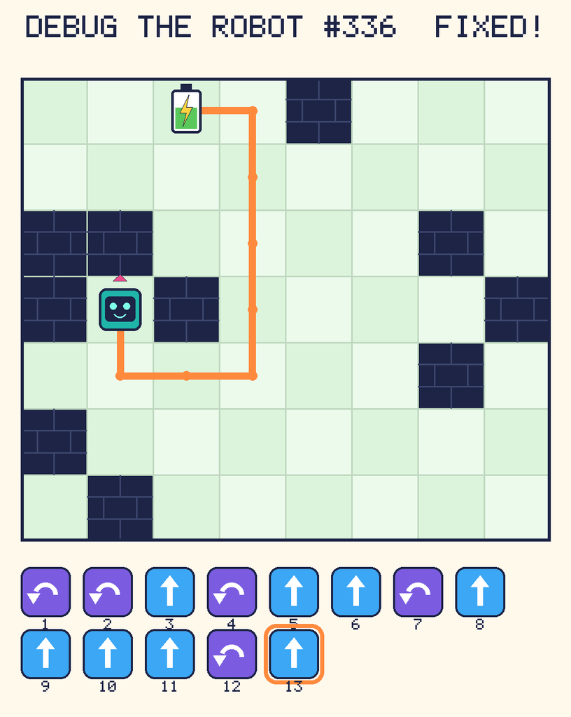 The fixed program, with Beep's route to the battery drawn as an orange line.