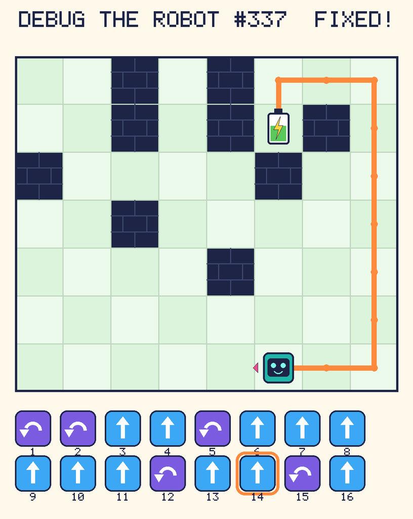 The fixed program, with Beep's route to the battery drawn as an orange line.