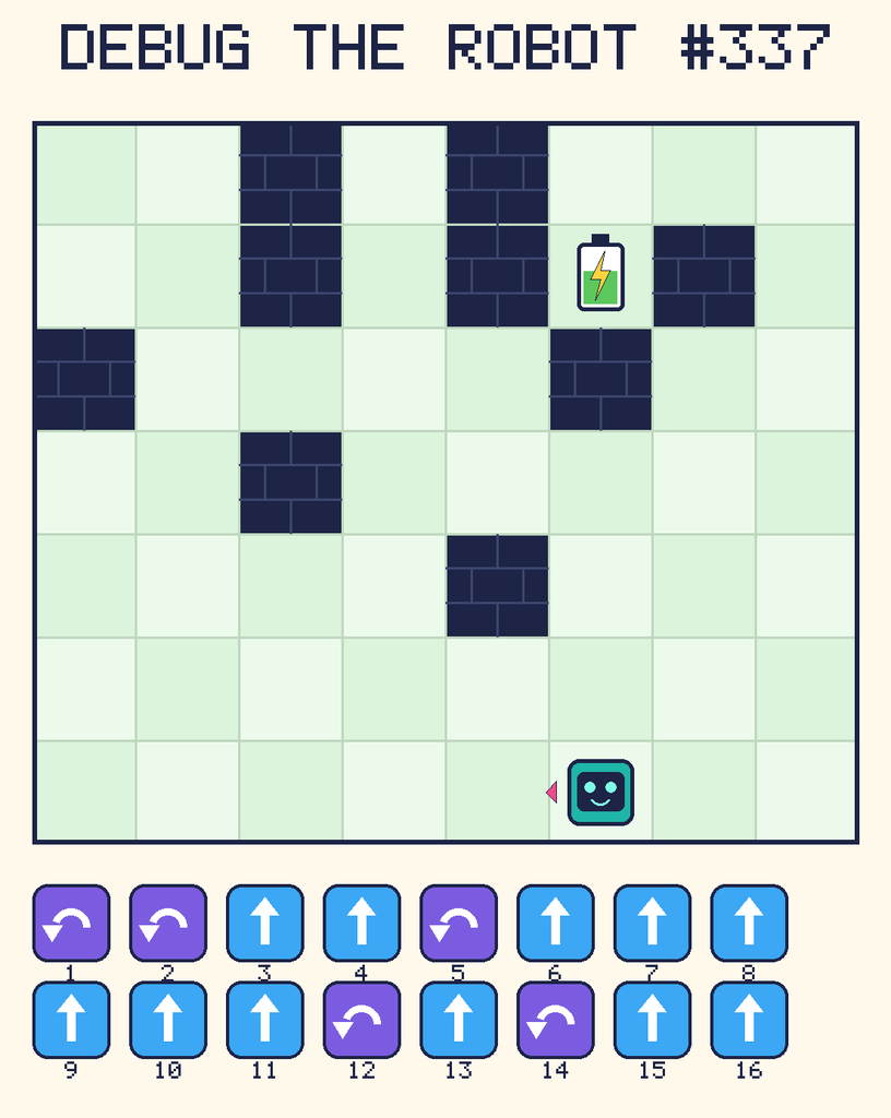 Debug the Robot 337. Beep starts at column 6, row 7, facing left. The battery is at column 6, row 2. Grid squares are counted from the top-left corner. Dark brick squares are walls.