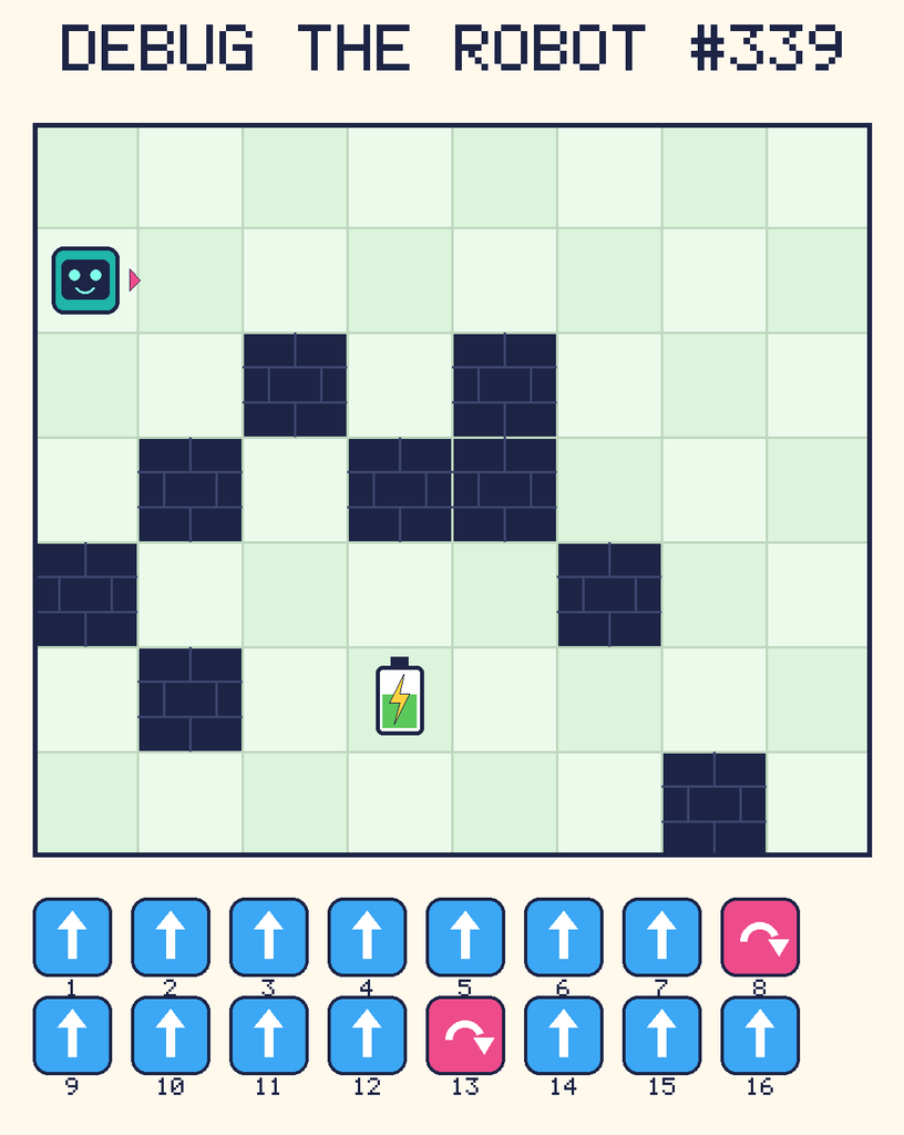 Debug the Robot 339. Beep starts at column 1, row 2, facing right. The battery is at column 4, row 6. Grid squares are counted from the top-left corner. Dark brick squares are walls.