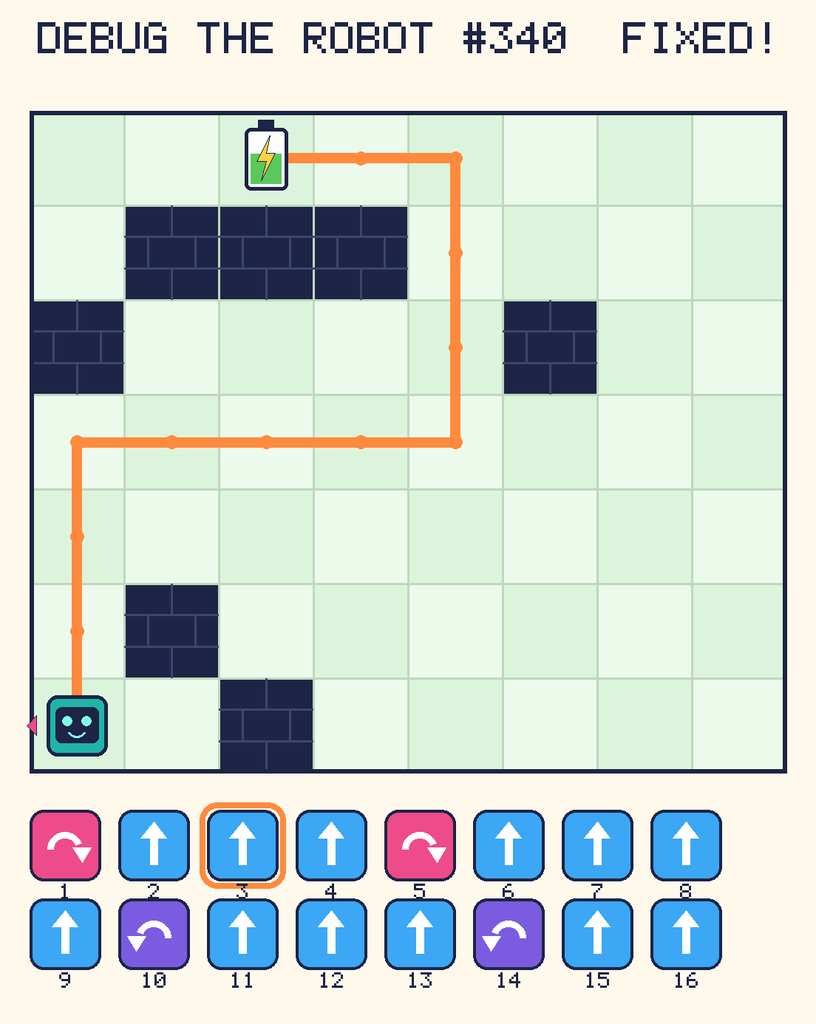The fixed program, with Beep's route to the battery drawn as an orange line.