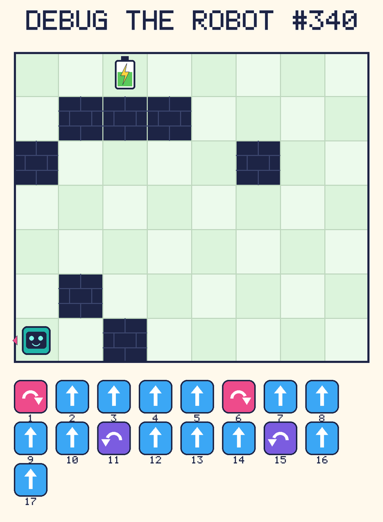 Debug the Robot 340. Beep starts at column 1, row 7, facing left. The battery is at column 3, row 1. Grid squares are counted from the top-left corner. Dark brick squares are walls.