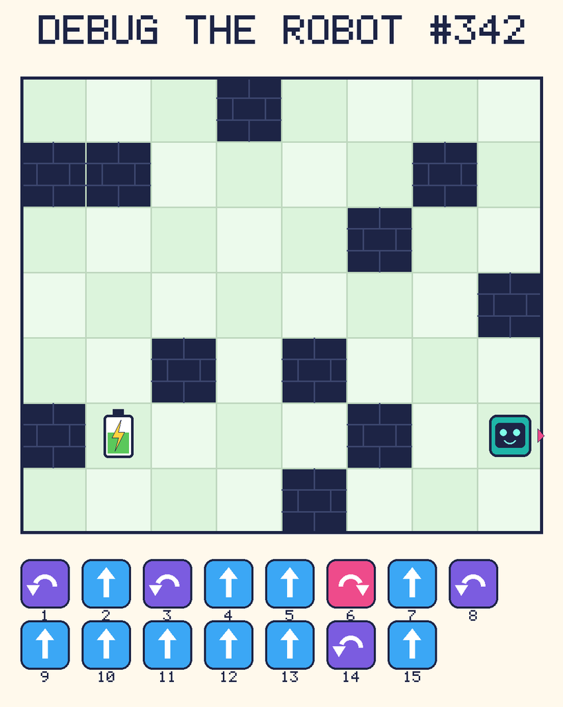 Debug the Robot 342. Beep starts at column 8, row 6, facing right. The battery is at column 2, row 6. Grid squares are counted from the top-left corner. Dark brick squares are walls.