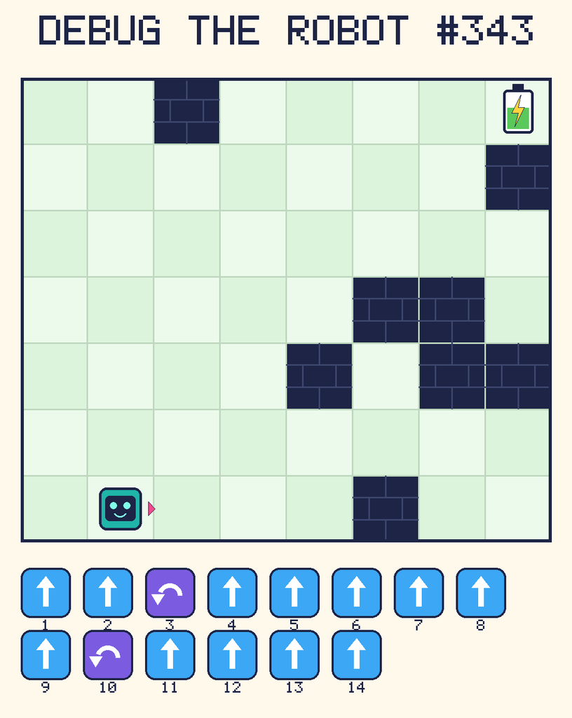 Debug the Robot 343. Beep starts at column 2, row 7, facing right. The battery is at column 8, row 1. Grid squares are counted from the top-left corner. Dark brick squares are walls.