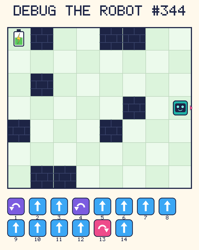 Debug the Robot 344. Beep starts at column 8, row 4, facing right. The battery is at column 1, row 1. Grid squares are counted from the top-left corner. Dark brick squares are walls.