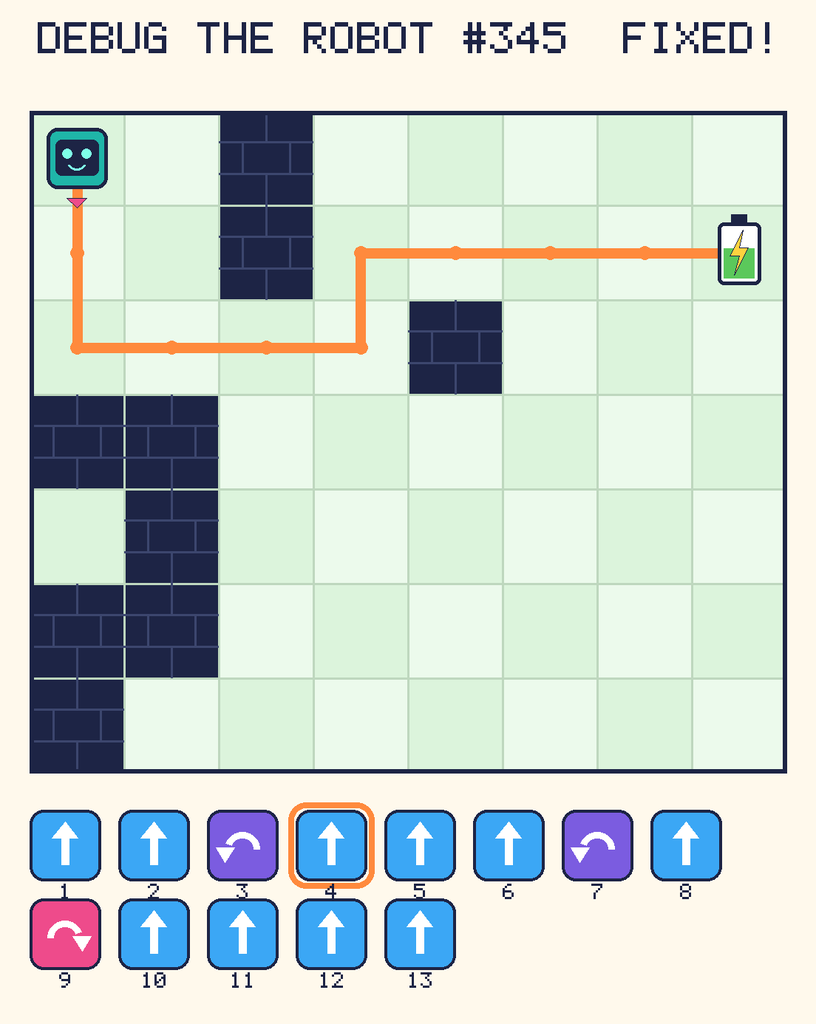 The fixed program, with Beep's route to the battery drawn as an orange line.