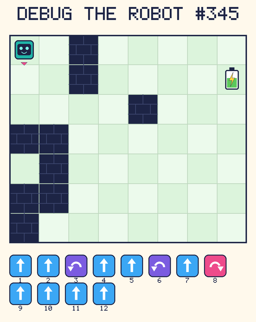 Debug the Robot 345. Beep starts at column 1, row 1, facing down. The battery is at column 8, row 2. Grid squares are counted from the top-left corner. Dark brick squares are walls.