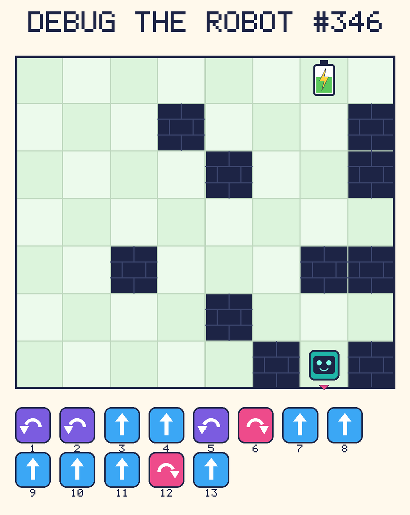 Debug the Robot 346. Beep starts at column 7, row 7, facing down. The battery is at column 7, row 1. Grid squares are counted from the top-left corner. Dark brick squares are walls.