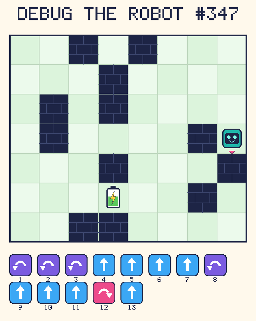 Debug the Robot 347. Beep starts at column 8, row 4, facing down. The battery is at column 4, row 6. Grid squares are counted from the top-left corner. Dark brick squares are walls.