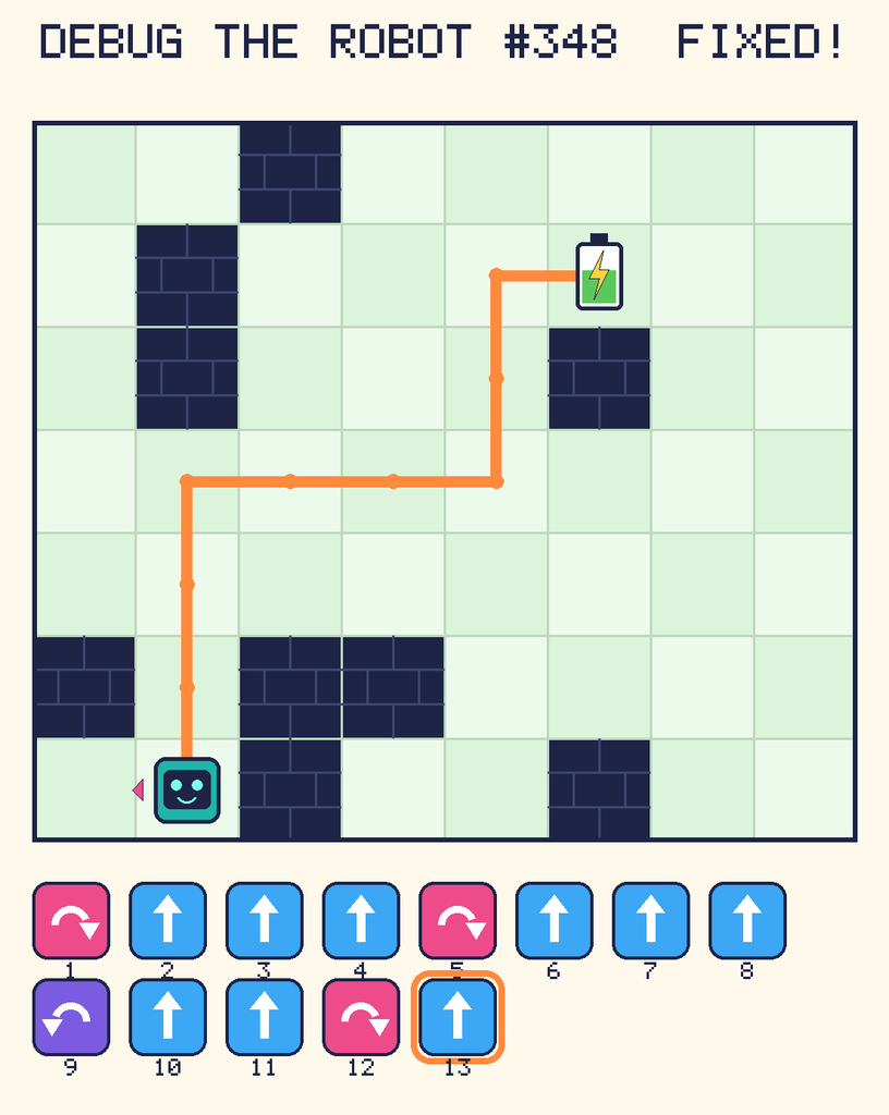 The fixed program, with Beep's route to the battery drawn as an orange line.