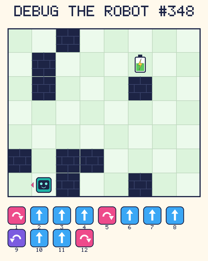 Debug the Robot 348. Beep starts at column 2, row 7, facing left. The battery is at column 6, row 2. Grid squares are counted from the top-left corner. Dark brick squares are walls.