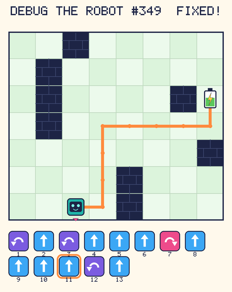 The fixed program, with Beep's route to the battery drawn as an orange line.